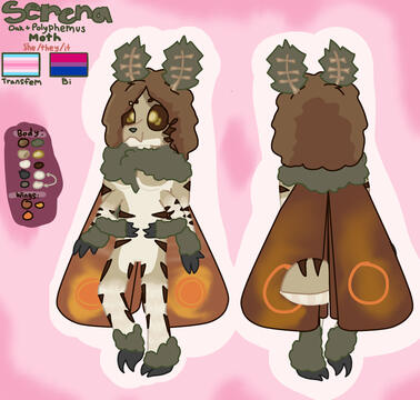 an artist rendition of a humanoid / anthropomorphic moth. their fur is a mix of a beige with a white underbelly, arms, and brown stripes across the body. they have brown hair, an olive green fluff around their neck, and wrists. they have 4 arms, and 3 fing
