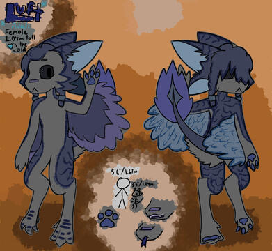 an avian, bird-like creature called the avali, with dark blue and black feathers. text on the image says: "Luft, Avali, 1.04m tall (3'4"), loves the cold.