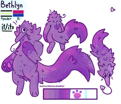 a reference sheet for a purple, speckled worm on a string with arms and legs. text in the upper left corner reads "bethlyn, agender & bi, it/its pronouns"
